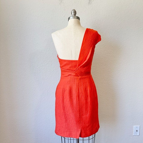 LELA ROSE Asymmetric One Shoulder Sheath Mini Dress in Orange/Red - Picture 8 of 13